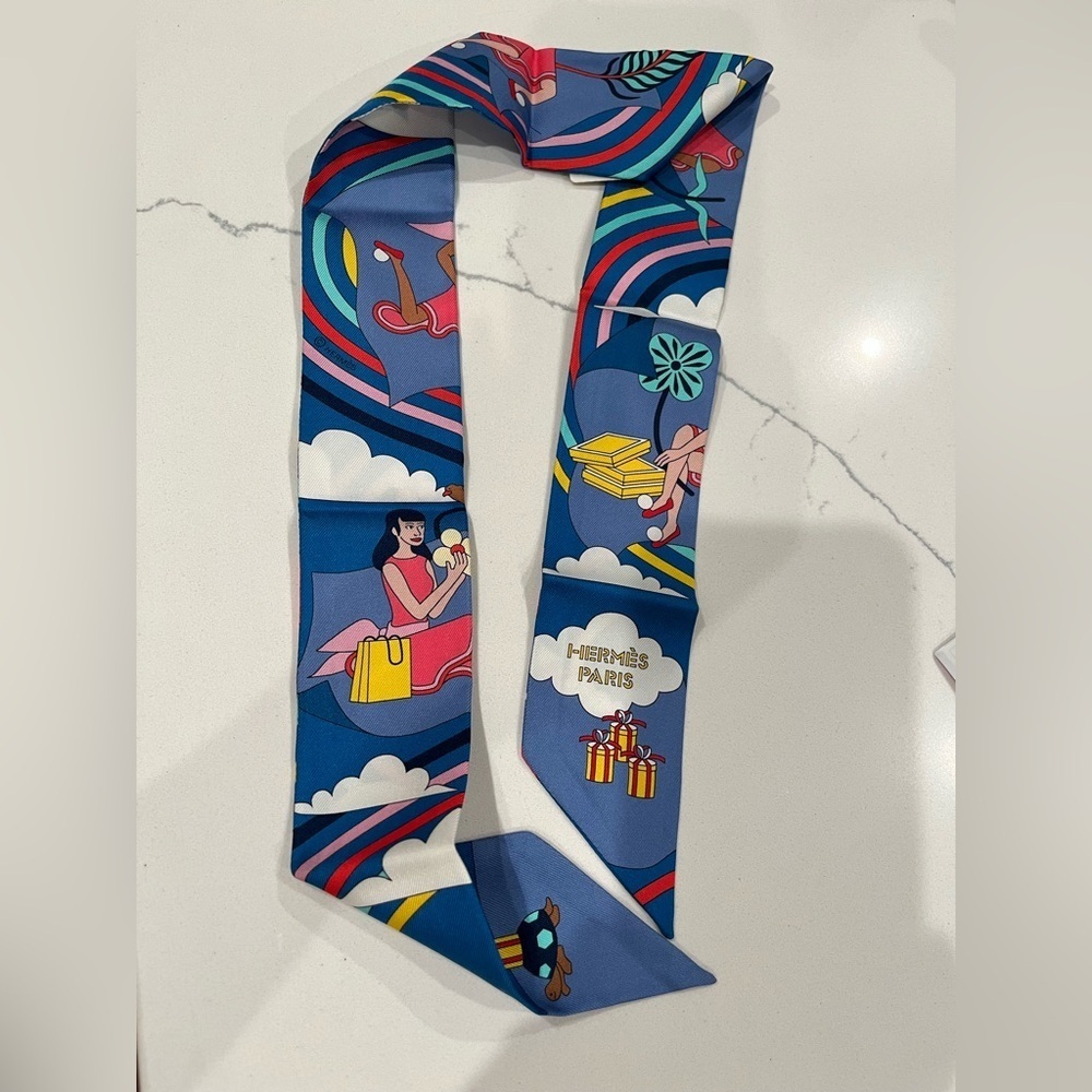 NWT Hermes le Carres Volantes silk twilly ribbon scarf Blue White Yellow - Picture 5 of 6